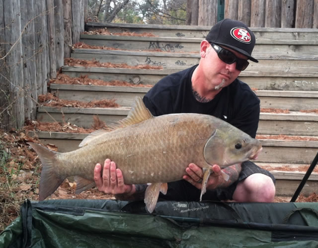 Scott Ferguson with a 20.9 lb smallmouth buffalo caught during Session 8 of the Wild Carp Club of Austin, held at Lady Bird Lake in Austin, TX